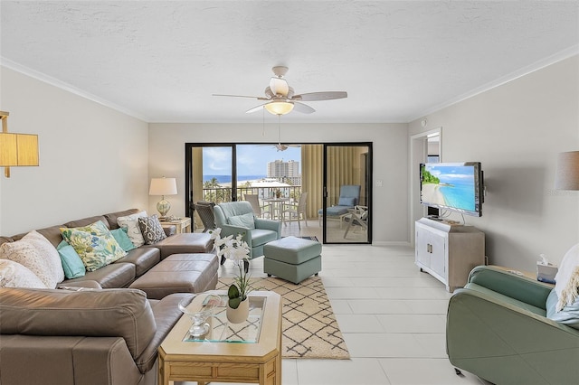2532 Estero Blvd Unit 607, Fort Myers Beach, FL 33931 - living room with a ceiling fan, a textured ceiling, and ornamental molding