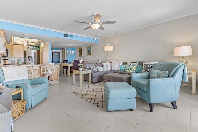 living room featuring ceiling fan, crown molding, and light tile patterned flooring