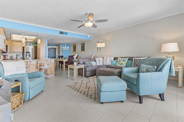 2532 Estero Blvd Unit 607, Fort Myers Beach, FL 33931 - living room featuring ceiling fan, crown molding, and light tile patterned flooring