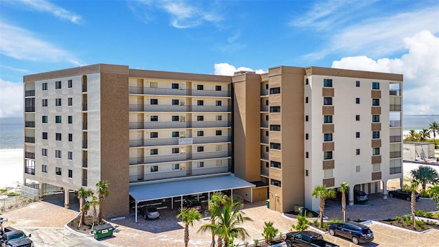 view of building exterior featuring a water view