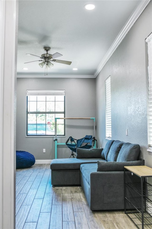 living room featuring ceiling fan, ornamental molding, and wood-type flooring