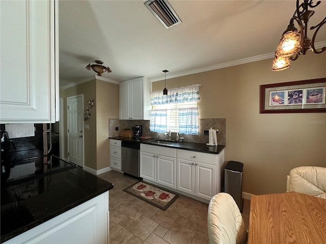 kitchen featuring tasteful backsplash, stainless steel dishwasher, ornamental molding, sink, and white cabinetry