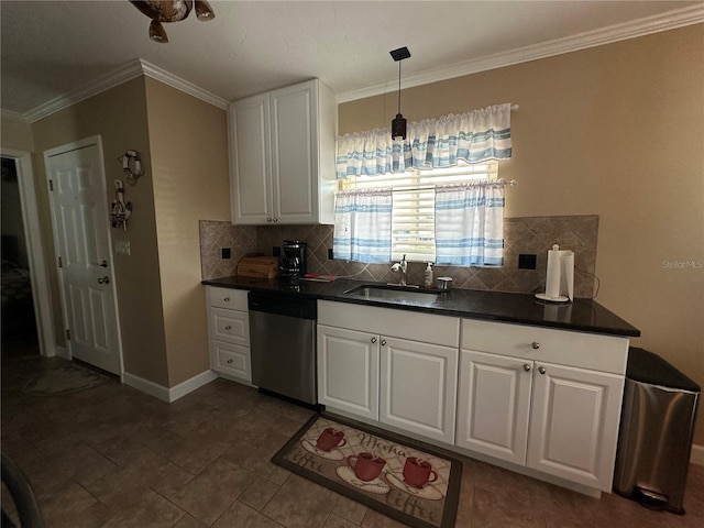 kitchen with sink, stainless steel dishwasher, decorative backsplash, white cabinets, and ornamental molding