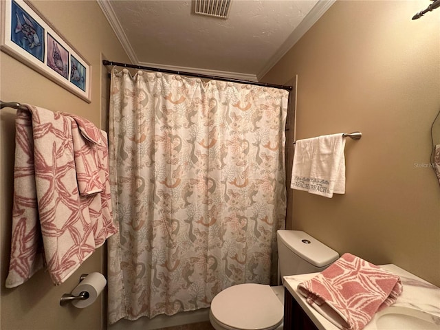 bathroom featuring walk in shower, toilet, and ornamental molding