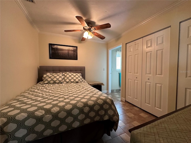 bedroom featuring ceiling fan and crown molding