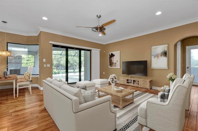 living room with ornamental molding, light hardwood / wood-style floors, and a healthy amount of sunlight