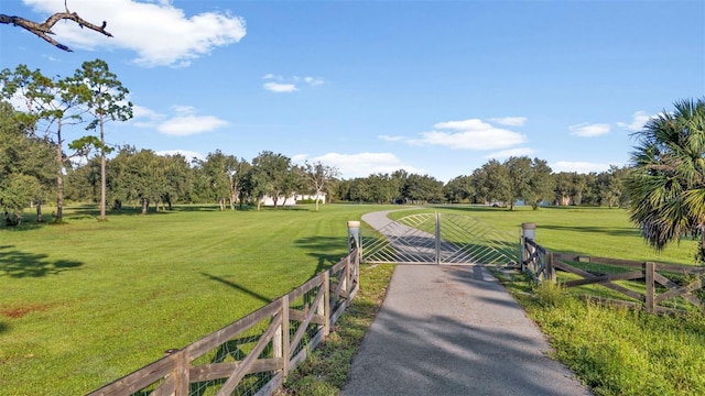 view of community with a rural view and a lawn