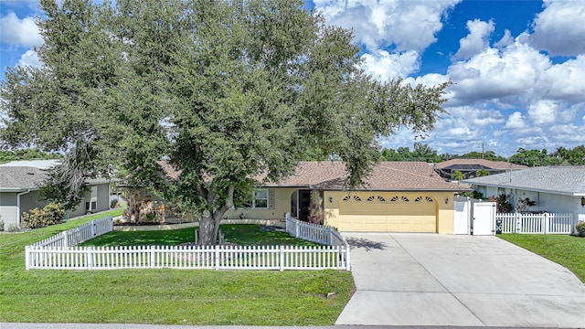 ranch-style house with a front lawn and a garage