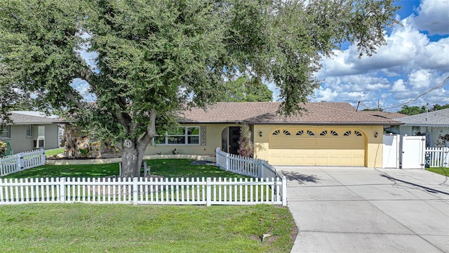 ranch-style home with a front yard and a garage