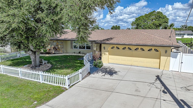 single story home with a garage and a front lawn