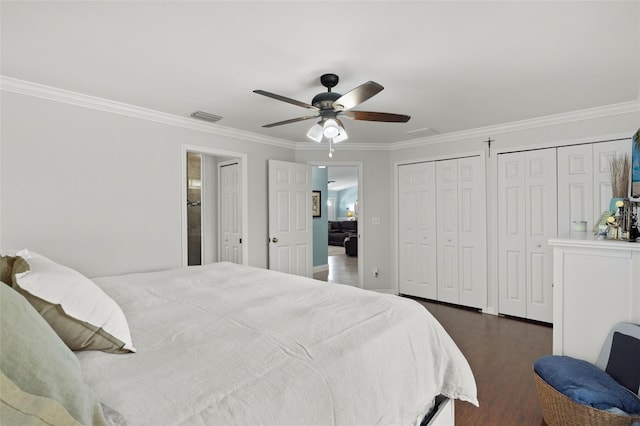 bedroom with ceiling fan, dark hardwood / wood-style flooring, crown molding, and multiple closets