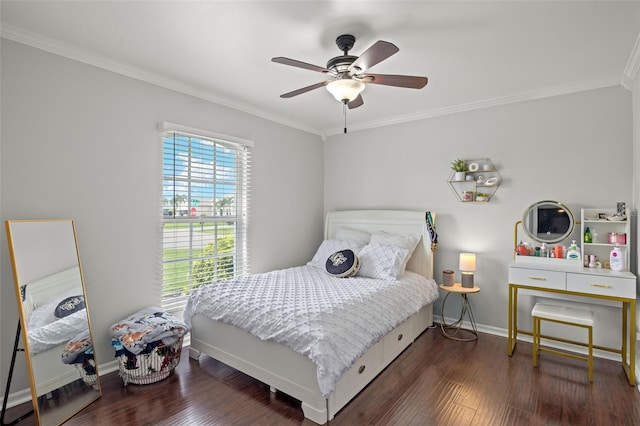 bedroom with ceiling fan, dark hardwood / wood-style flooring, and ornamental molding