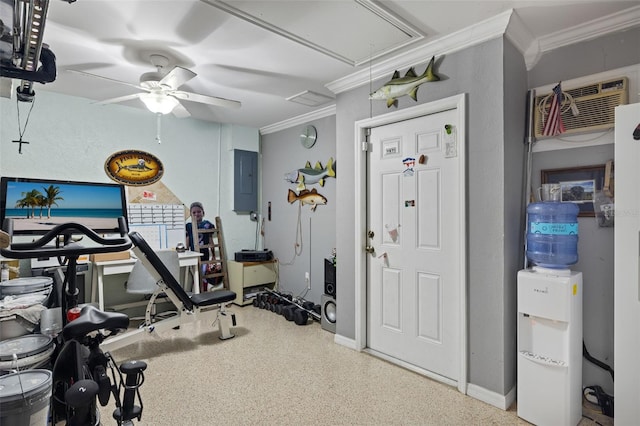 workout room featuring electric panel, an AC wall unit, ceiling fan, and crown molding