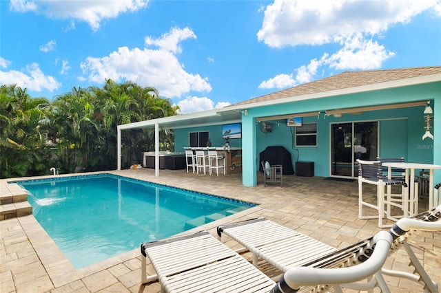 view of swimming pool with a patio area and exterior bar