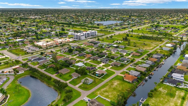 drone / aerial view featuring a water view