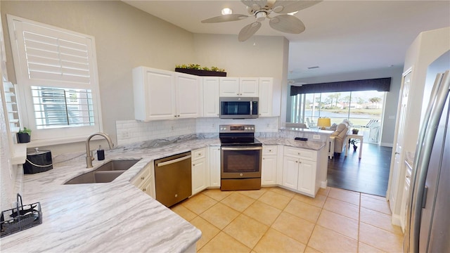 kitchen with ceiling fan, appliances with stainless steel finishes, plenty of natural light, and sink