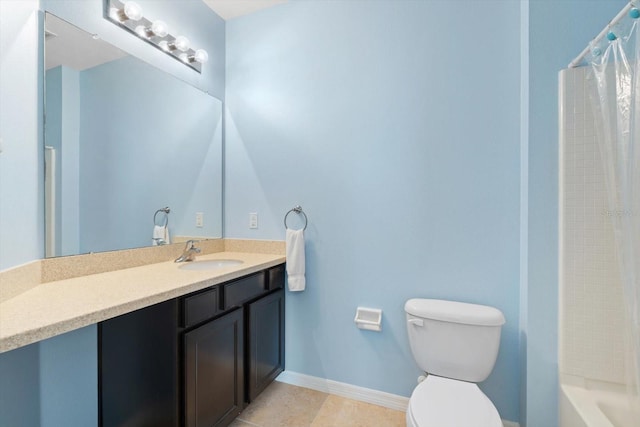 full bathroom with tile patterned flooring, vanity, toilet, and shower / bathtub combination with curtain