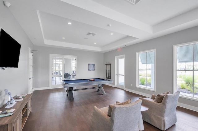 recreation room featuring billiards, wood finished floors, a raised ceiling, and baseboards