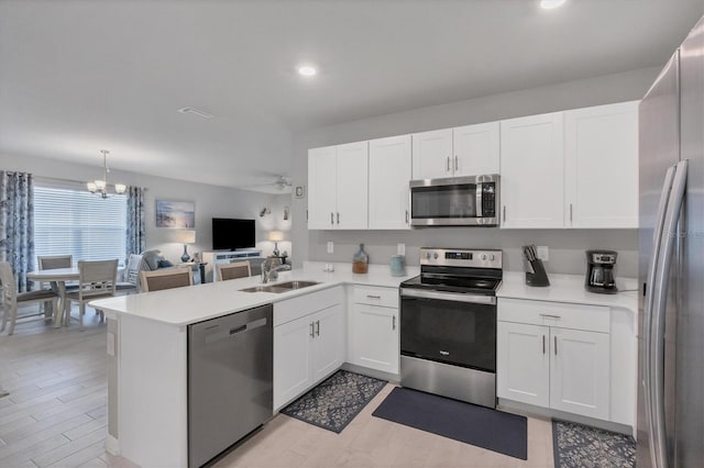 kitchen with stainless steel appliances, white cabinetry, a sink, and a peninsula