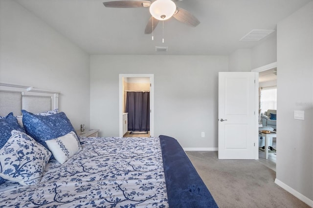 bedroom with ceiling fan, carpet floors, visible vents, and baseboards