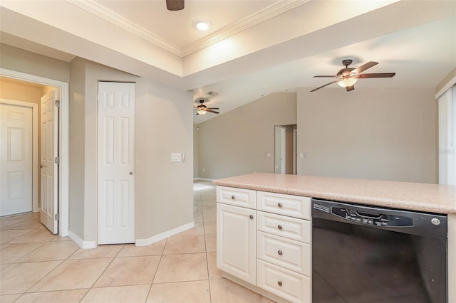 kitchen featuring dishwasher, white cabinetry, ornamental molding, and light tile patterned flooring