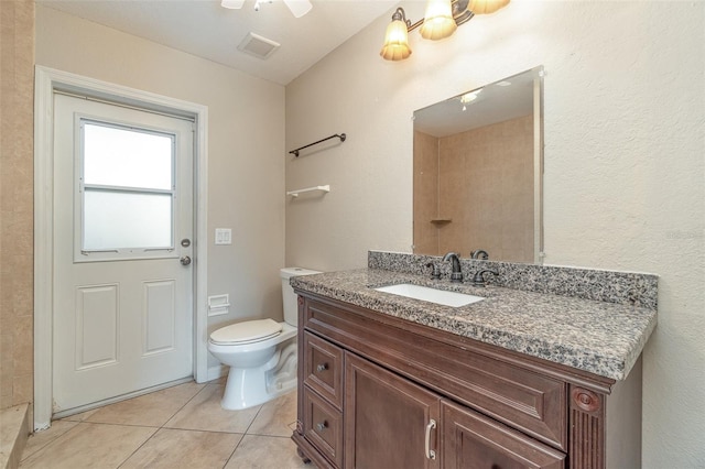 bathroom with ceiling fan, tile patterned flooring, vanity, and toilet