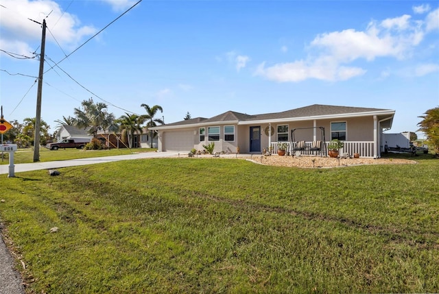 ranch-style home featuring a garage, a front lawn, and a porch