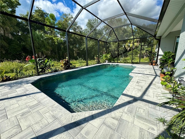 view of pool featuring a lanai and a patio area