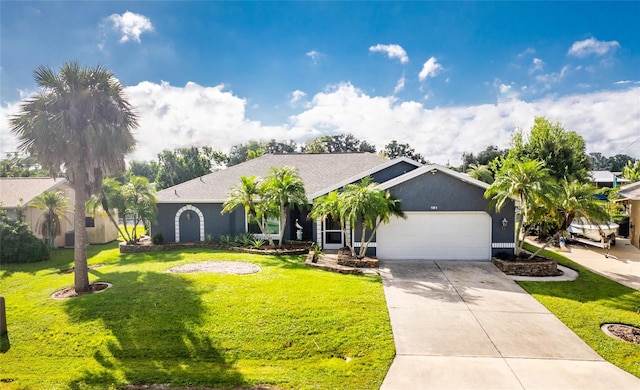 ranch-style home with a garage and a front yard