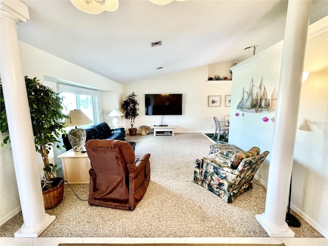 living room featuring ornate columns and vaulted ceiling