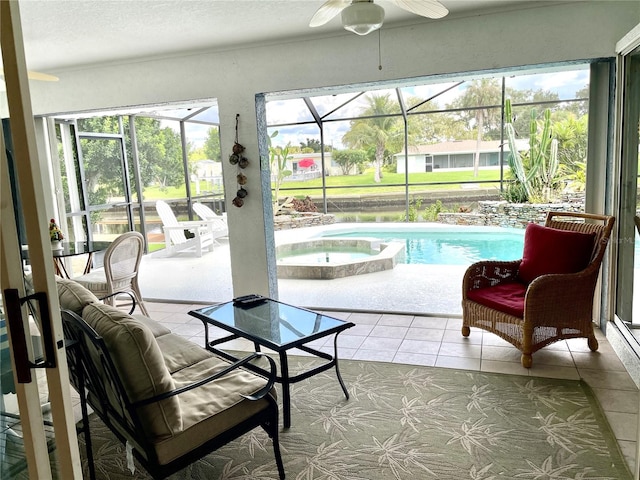 interior space featuring ceiling fan and a swimming pool