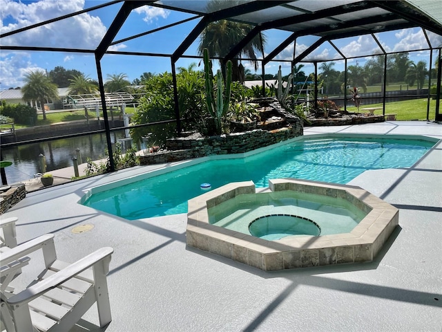 view of pool with glass enclosure, an in ground hot tub, a water view, and a patio