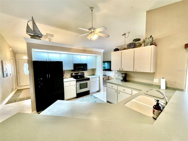 kitchen with ceiling fan, sink, black appliances, light tile patterned floors, and white cabinetry