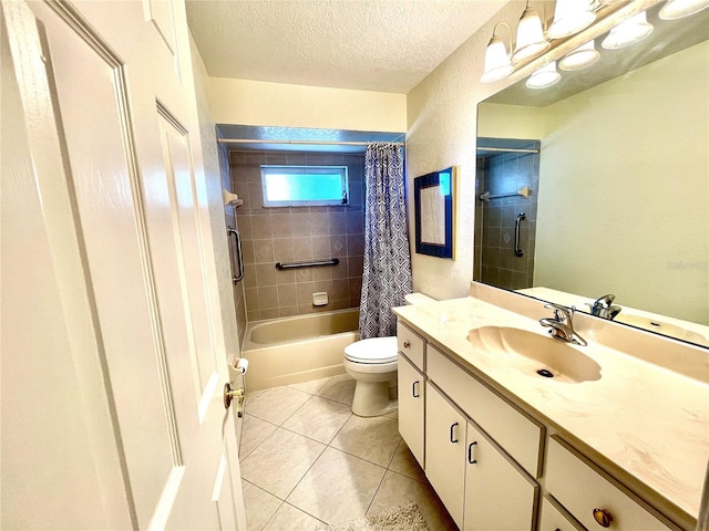 full bathroom with shower / bathtub combination with curtain, tile patterned flooring, a textured ceiling, toilet, and vanity