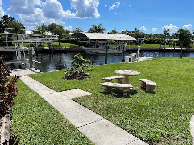 exterior space featuring a water view and a yard