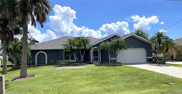 ranch-style house featuring a garage and a front lawn