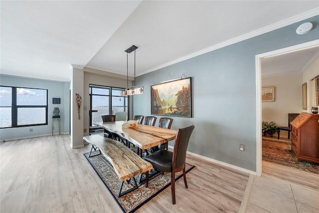 dining room with light hardwood / wood-style flooring, a wealth of natural light, and ornamental molding