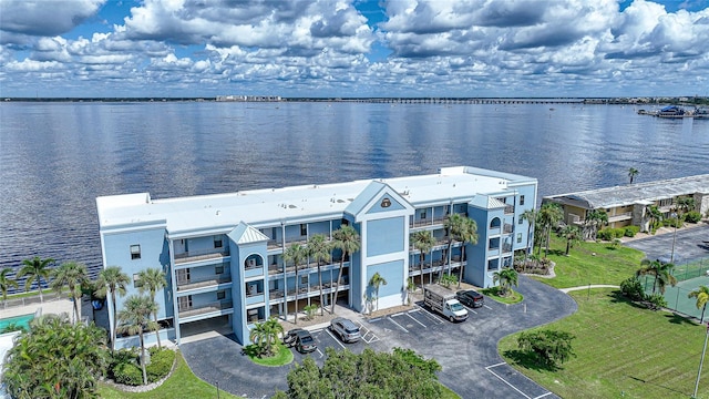 drone / aerial view with a water view