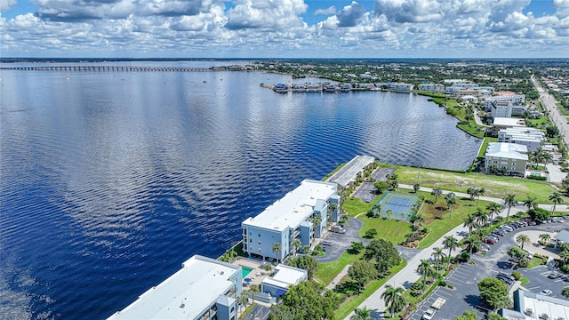 aerial view featuring a water view