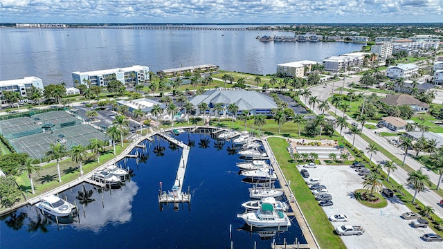 bird's eye view with a water view