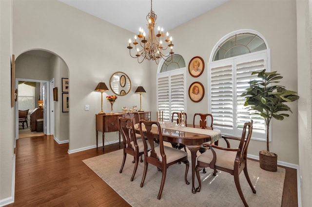 dining room with an inviting chandelier and dark hardwood / wood-style floors