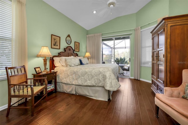 bedroom with access to outside, lofted ceiling, dark hardwood / wood-style floors, and ceiling fan