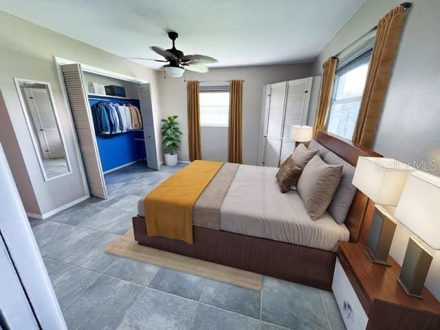 bedroom featuring ceiling fan and a closet