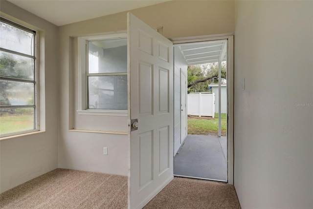 doorway to outside with light colored carpet