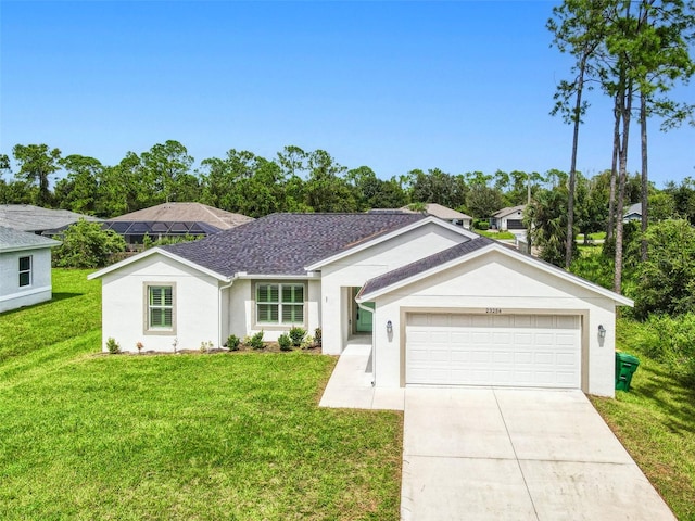 single story home featuring a garage and a front lawn