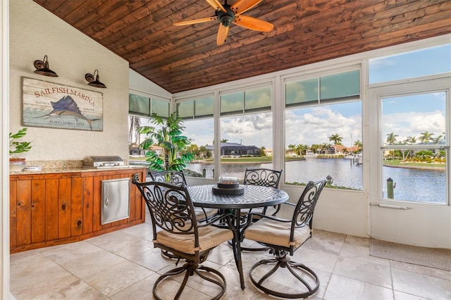 sunroom / solarium featuring wooden ceiling, a water view, lofted ceiling, and ceiling fan