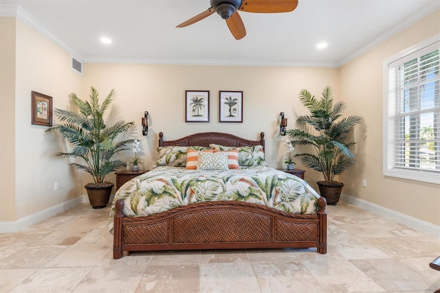 bedroom with ceiling fan and ornamental molding