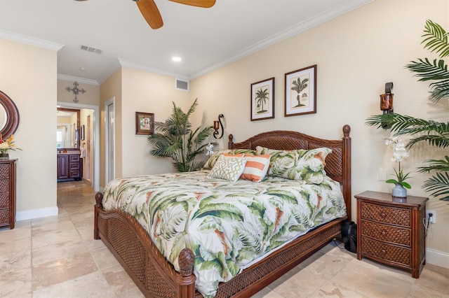 bedroom featuring ceiling fan, ornamental molding, and ensuite bathroom