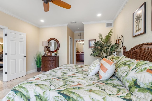 bedroom with ornamental molding, ensuite bath, ceiling fan with notable chandelier, and light tile patterned floors