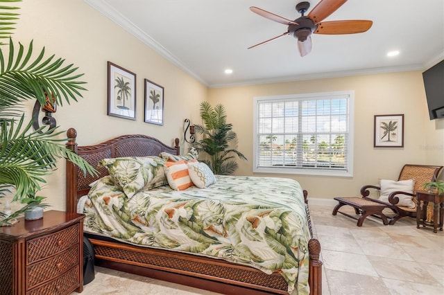 tiled bedroom with ceiling fan and crown molding